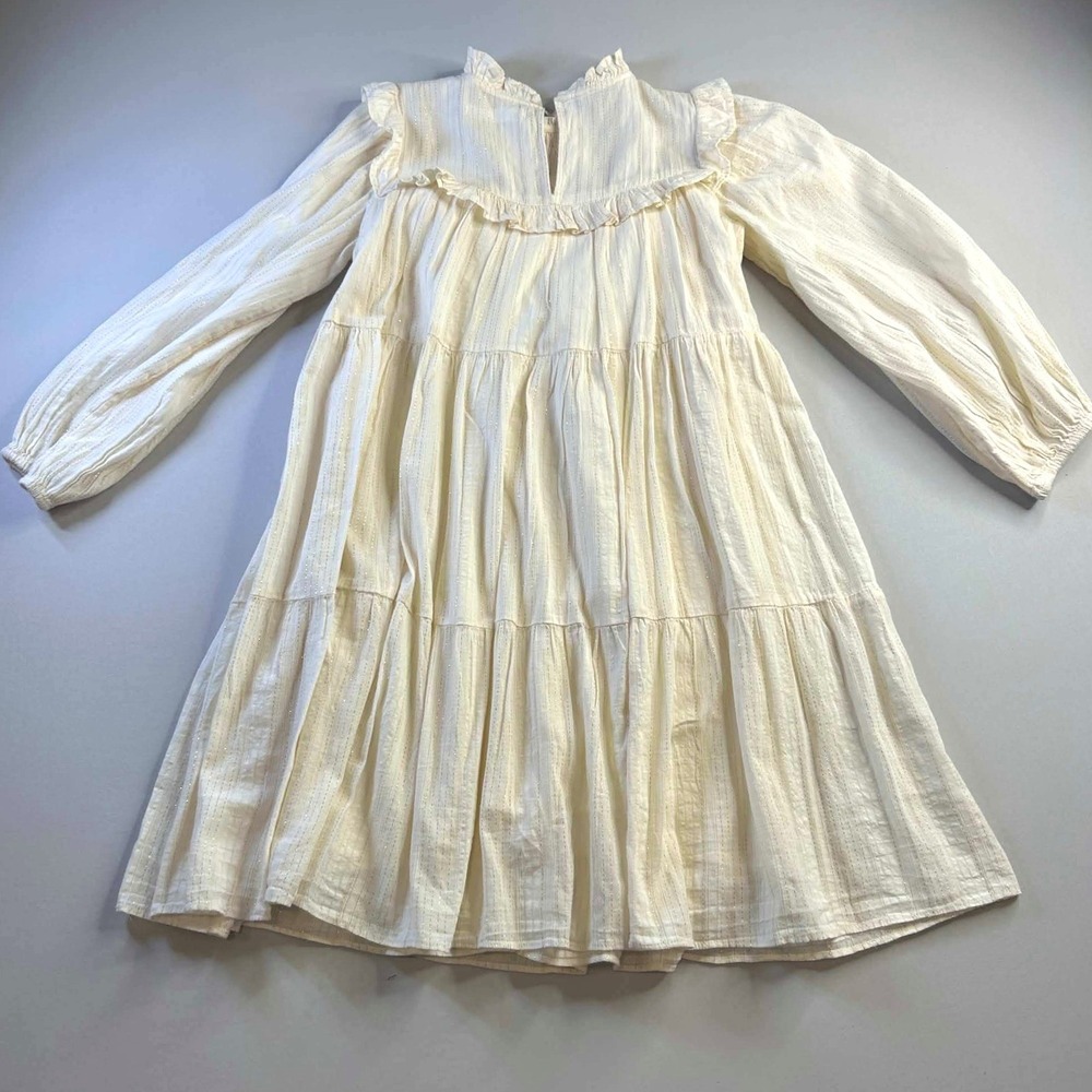 Zara Kids Girls Cream Gold Metallic Pinstripe Smocked Tiered Ruffle Dress Size 9 - Picture 7 of 7